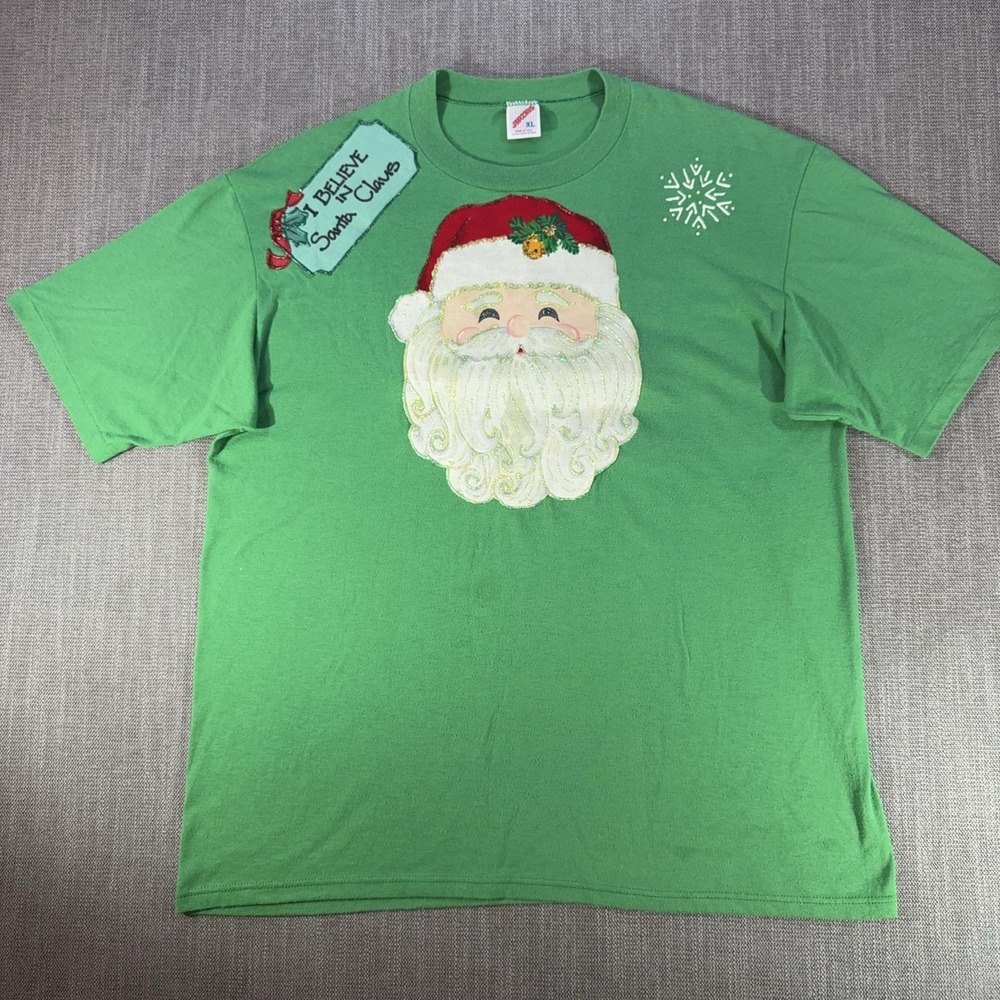 Vintage Jerzees Shirt Mens XL Green Santa Claus I Believe Christmas Graphic Tee